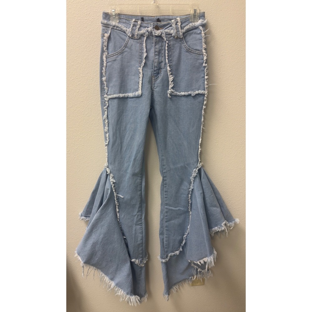 Unbranded Ruffle Flare Jeans Womens 28 Light Blue Frayed Avant Garde Boho‎ Chic
